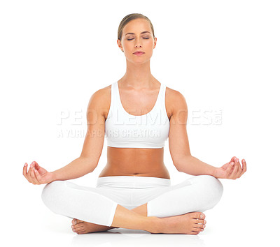Buy stock photo Woman, yoga meditation and exercise with white background, wellness and workout isolated in studio. Fitness model, zen and lotus praying for chakra energy, mindset and peace of mental health