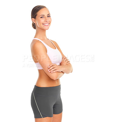 Buy stock photo Fitness, portrait and woman with arms crossed in studio ready for workout, exercise or training. Face, sports and confident female athlete preparing for running isolated on a white background mock up