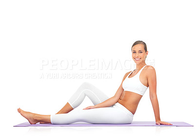 Buy stock photo Happy woman, yoga exercise and portrait with white background, wellness and isolated mockup in studio. Fitness model, smile and pilates workout on mat for energy, body health and zen sports training