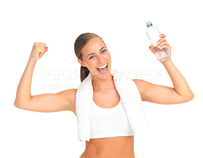 Buy stock photo Fitness winner, woman and water bottle in studio for health, workout or training motivation and goal success. Strong, fist and portrait of a sports model with drink isolated on white background