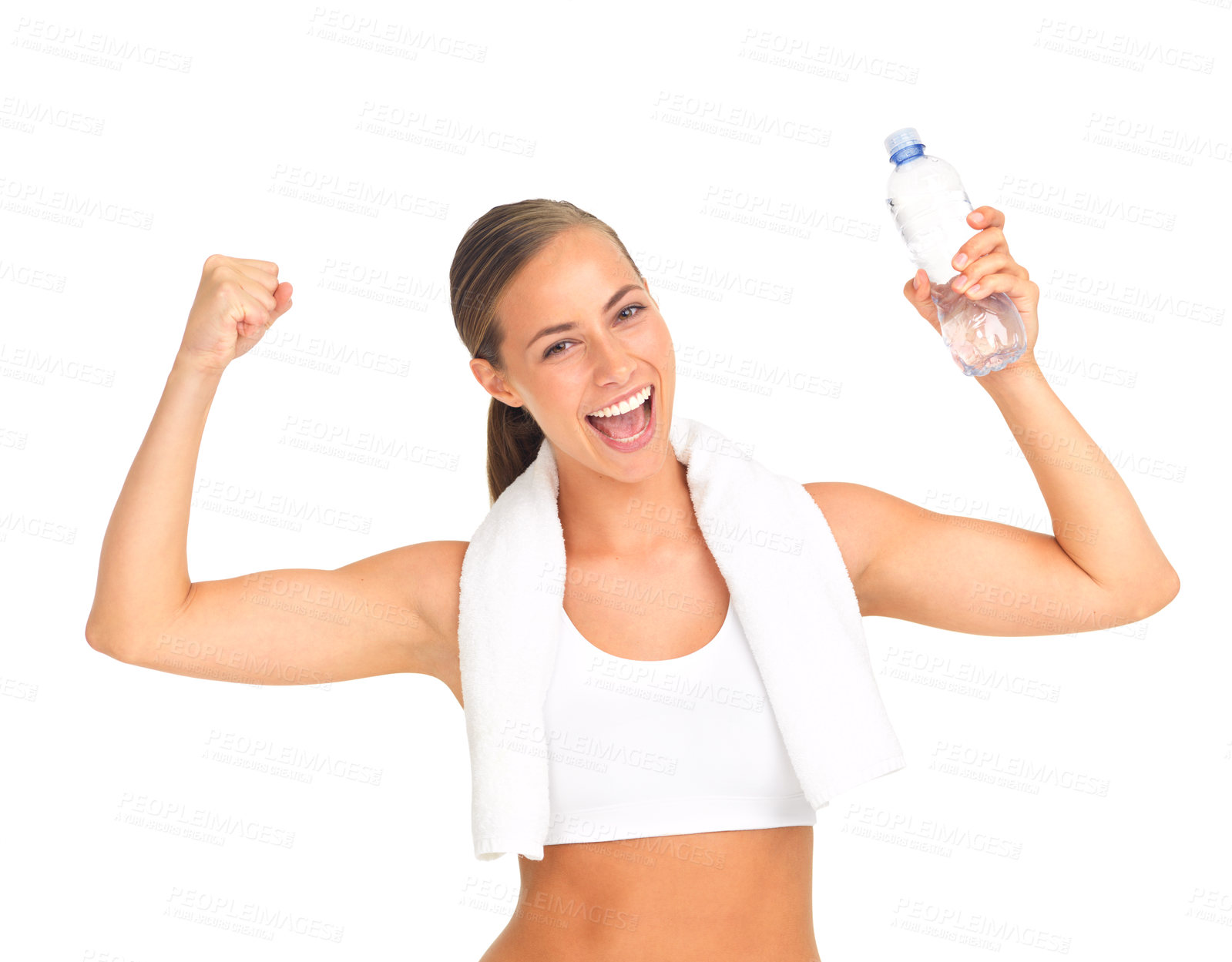 Buy stock photo Fitness winner, woman and water bottle in studio for health, workout or training motivation and goal success. Strong, fist and portrait of a sports model with drink isolated on white background