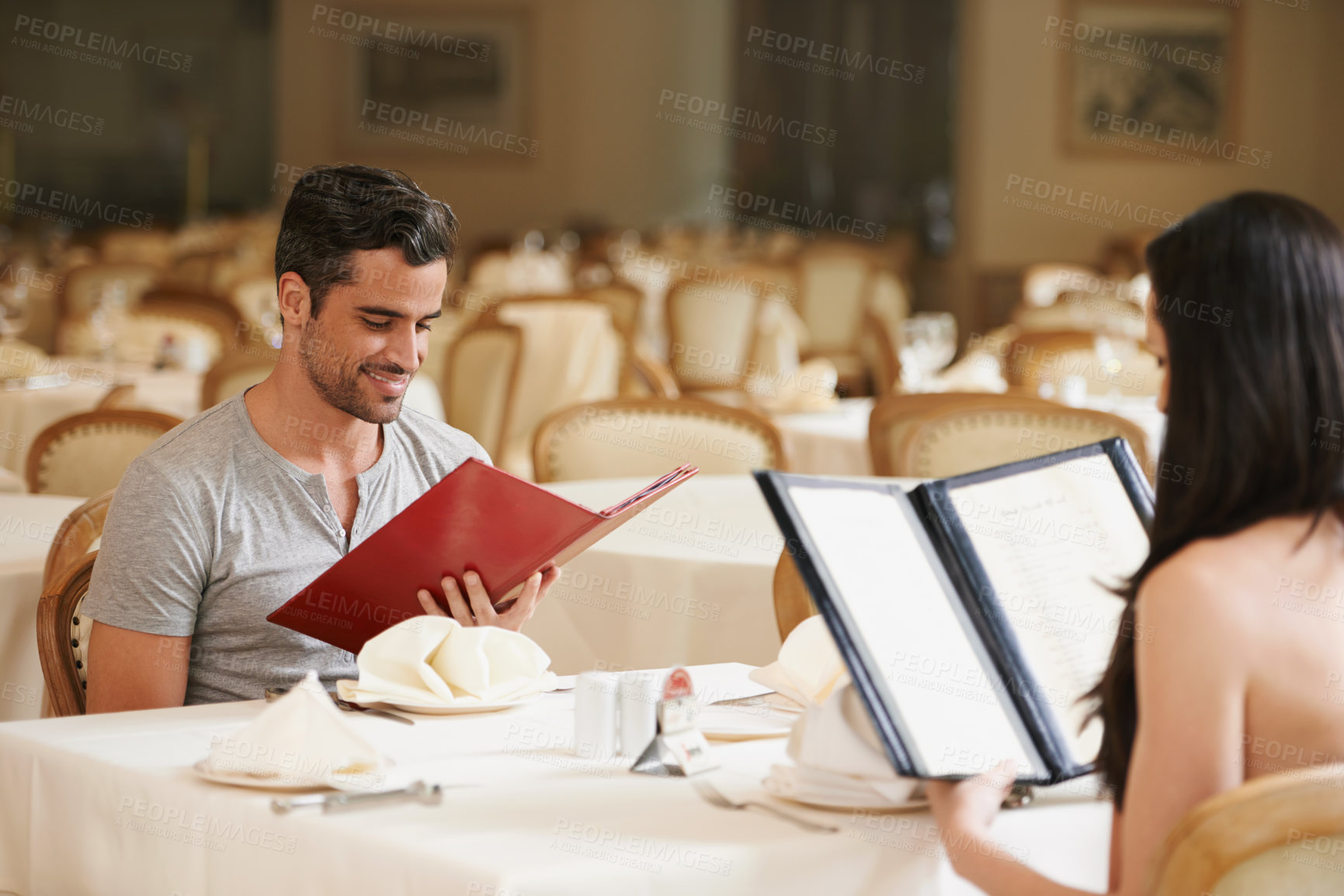 Buy stock photo Couple, restaurant and menu for selection, bonding and romantic date on valentines day. People, love and meal at cafe or lunch choice for anniversary celebration, cuisine and together at bistro
