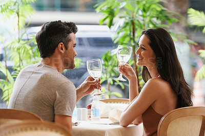 Buy stock photo A young couple in a restaurant