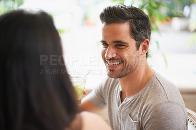 Buy stock photo Smile, love or happy couple on date at restaurant for marriage commitment, anniversary or celebration. Man, woman or honeymoon in Italy, cafe or relationship with care, connection or bonding together