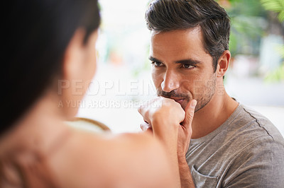 Buy stock photo Hand, kiss or couple on date at restaurant for marriage commitment, anniversary or celebration. Romantic man, woman or honeymoon in Italy or relationship with love, connection or bonding together