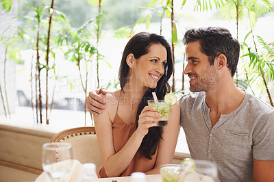 Buy stock photo A couple on a romantic date at a fine dining restaurant