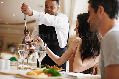 Buy stock photo Couple, restaurant and date for dinner, service and love for celebration on holiday. Woman, man and fine dining with luxury, smile and romance for vacation or marriage anniversary with gourmet meal