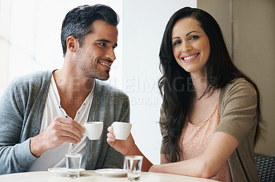 Buy stock photo Date, coffee and couple at cafe with portrait, happy and love together with smile and hot drink at a table. Espresso, morning and marriage at a restaurant with bonding, care and romance with tea