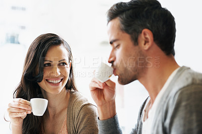 Buy stock photo Couple, coffee and happy at restaurant, cafe and relationship on lunch date. Conversation, smile and romantic marriage while bonding, together and drinking espresso while on honeymoon in Italy 