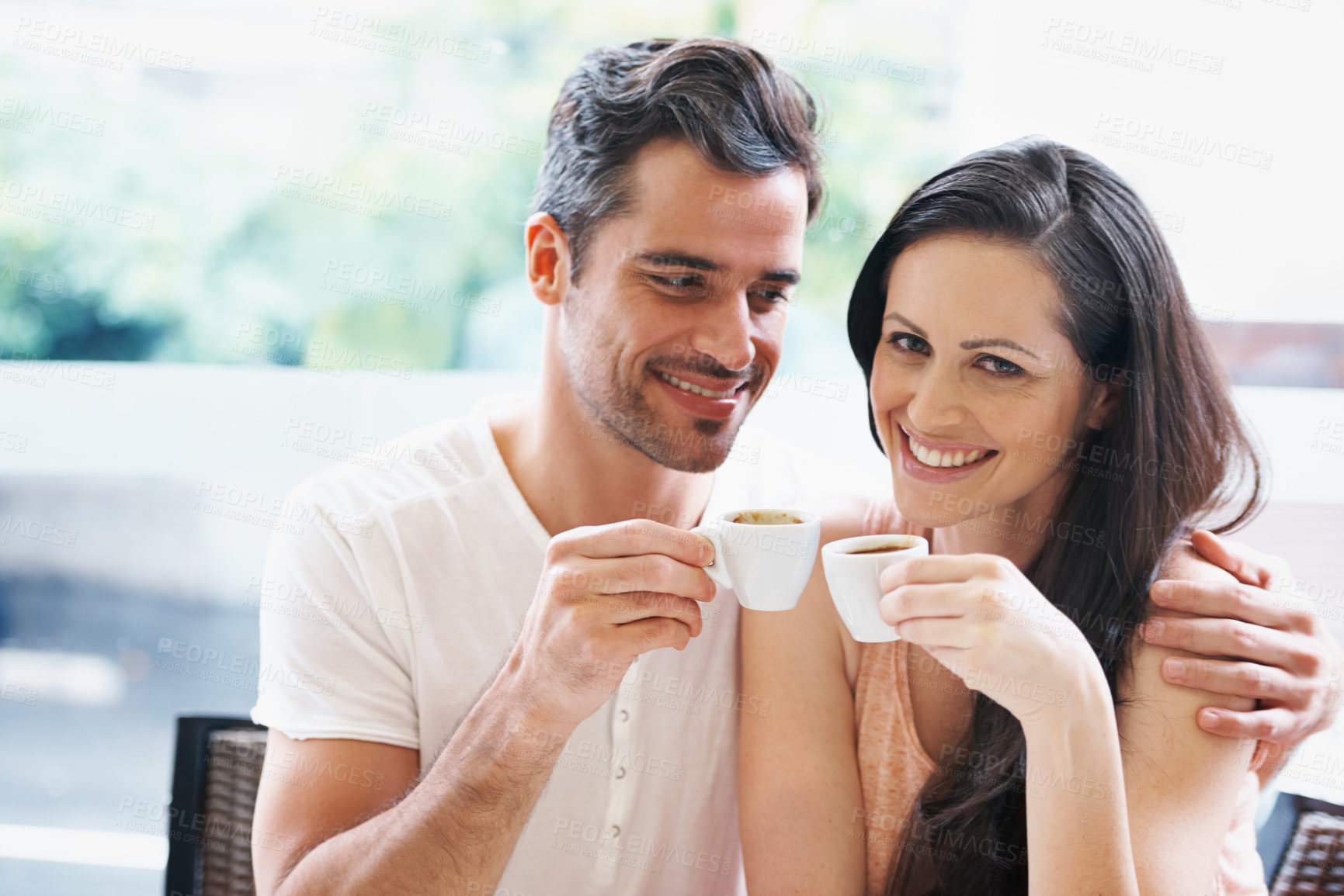 Buy stock photo Date, coffee and couple at cafe with happy, smile and love together with toast and hot drink at a table. Espresso, morning and marriage at a restaurant with bonding, care and romance at bistro