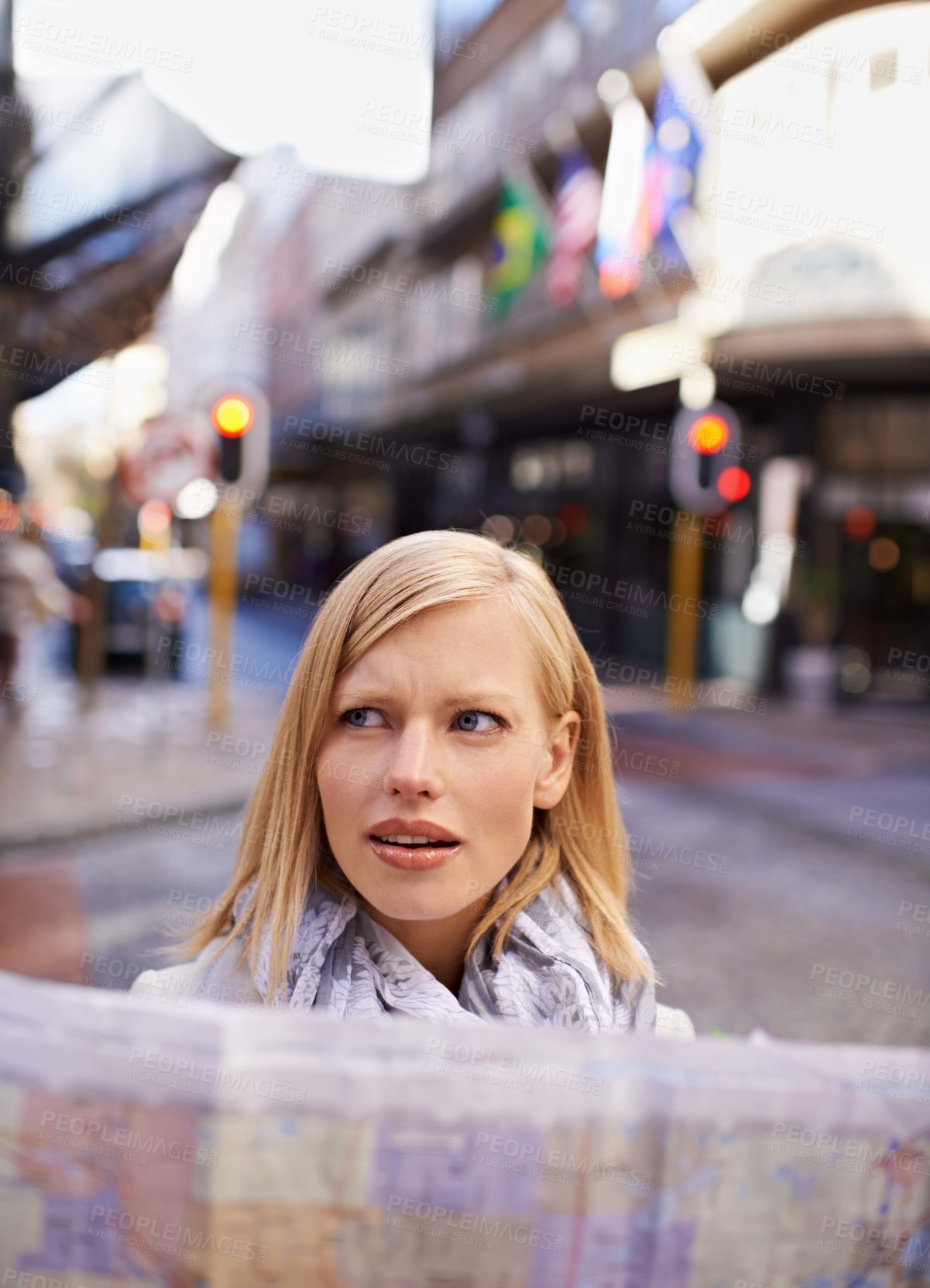 Buy stock photo Travel, map and confused with woman in city to search for directions to tourist location abroad. Thinking, stress and doubt with young person lost in overseas urban town for holiday or vacation
