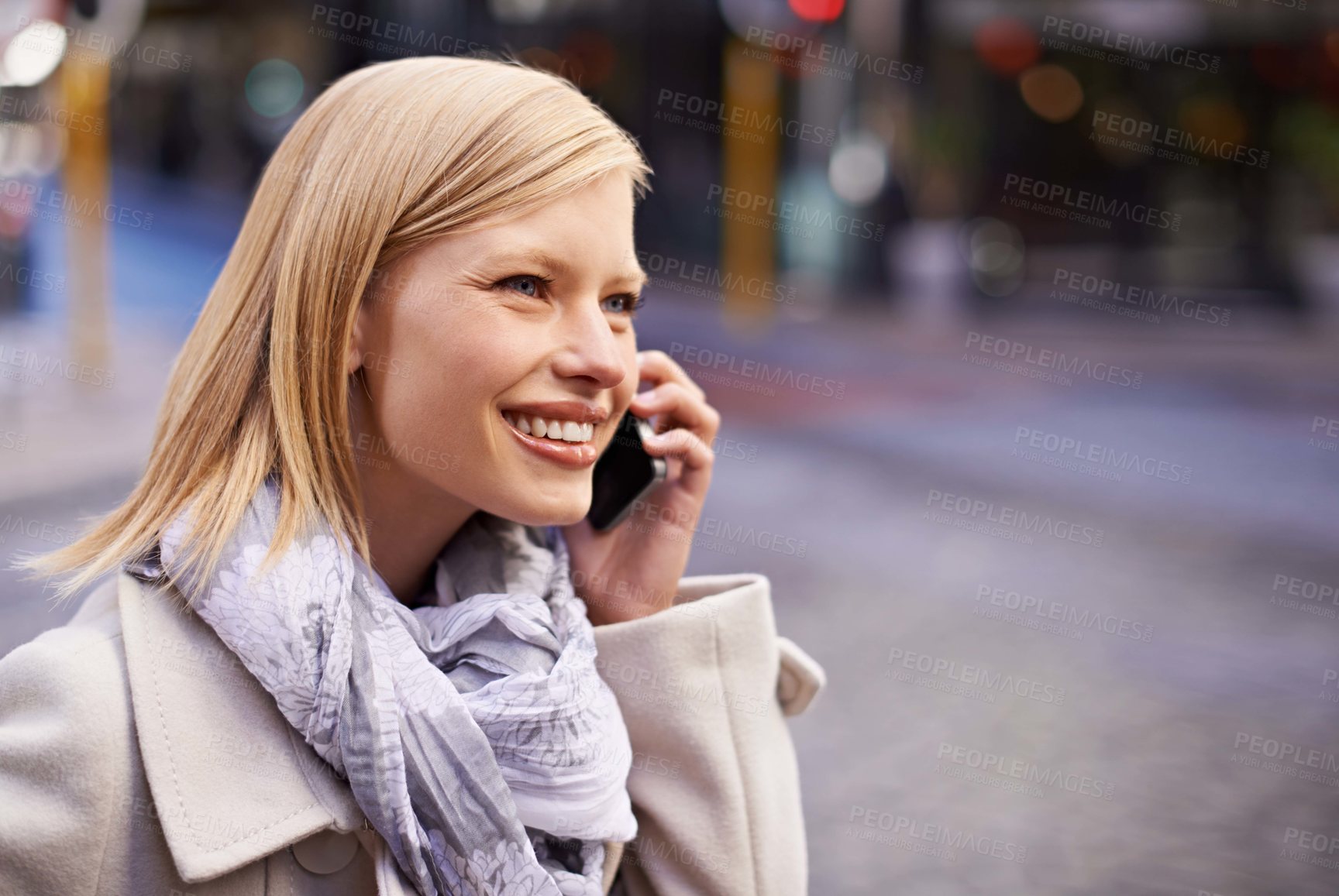 Buy stock photo City, phone call and business woman for travel, morning commute and journey in street. Professional, communication and happy person with smartphone for networking, conversation and chatting in town