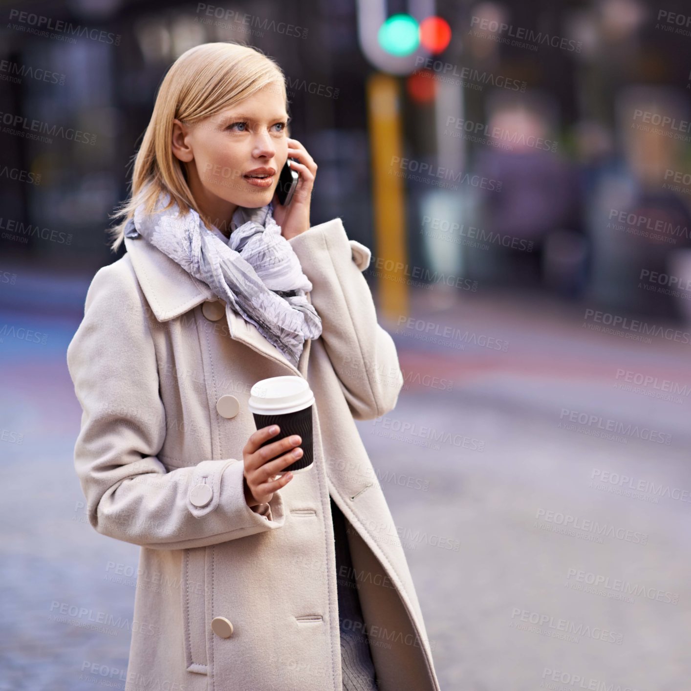Buy stock photo City, phone call and business woman with coffee for travel, morning commute and journey. Connection, communication and person talking on smartphone for networking, conversation and discussion in town