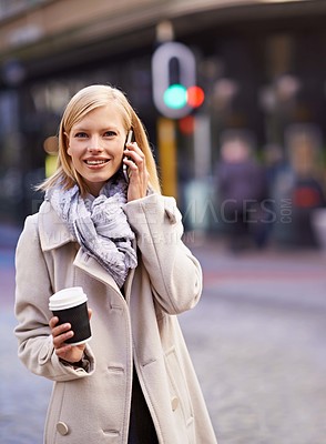 Buy stock photo Street, phone call and portrait of business woman for travel, morning commute and journey. City, communication and person with coffee and smartphone for networking, conversation and chatting in town