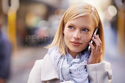 Buy stock photo Walking, phone call and business woman in city for travel, morning commute and journey in street. Professional, communication and person on smartphone for networking, conversation and talking in town