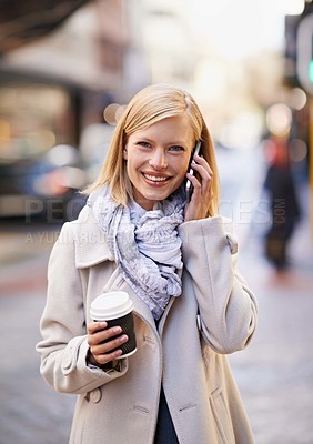 Buy stock photo City, phone call and portrait of business woman for travel, morning commute and journey. Happy, communication and person with coffee and smartphone for networking, conversation and chatting in town