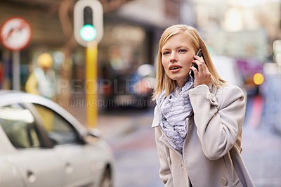 Buy stock photo Business woman, phone call and city for travel, commute to work with public transport. Real estate agent, cellphone and talking on smartphone, technology and professional while walking downtown