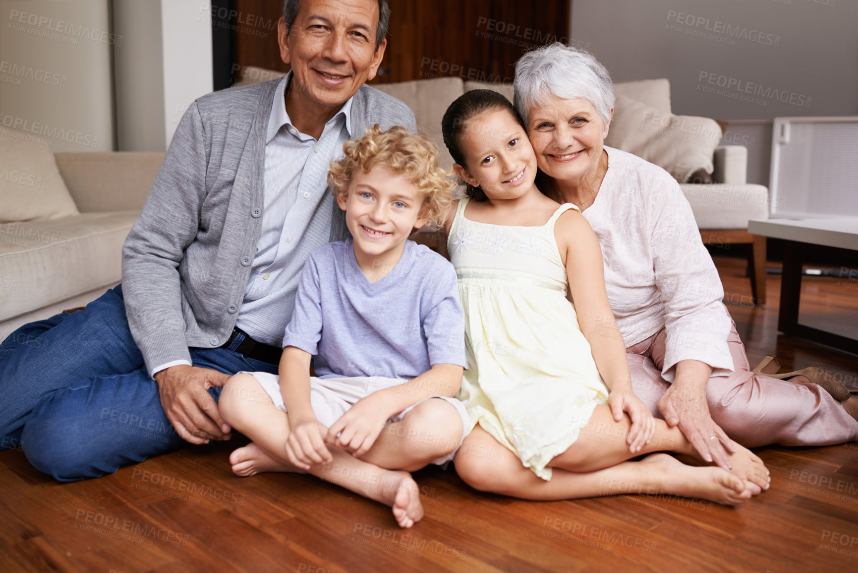 Buy stock photo Portrait, floor and happy grandparents with children, sit and smiling together in retirement family home. Senior grandma, smile or kids siblings relaxing or bonding to enjoy quality time with old man