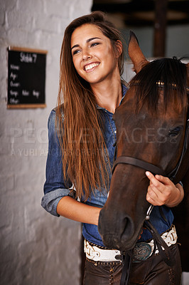 Buy stock photo Woman, face and happiness with horse in stable for bonding, sports training and recreation in Texas. Stallion, person and animal on farm or barn with smile for healthy livestock, hobby and pet care