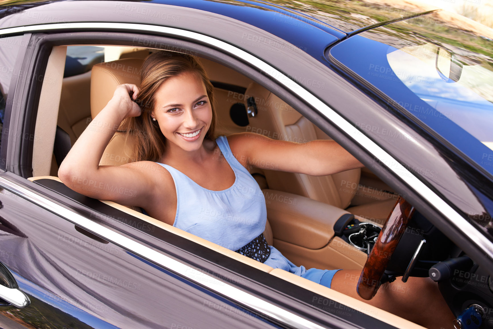 Buy stock photo Portrait, travel and happy woman in sports car, driving or road trip with motor vehicle by window in Canada. Person, face and luxury automobile for journey, vacation and adventure in transportation