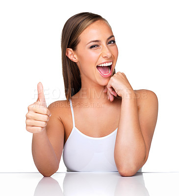 Buy stock photo Makeup, portrait or happy woman with thumbs up in studio for cosmetic, approval or success on white background. Beauty, face or excited model show winner hand emoji for dermatology, support or praise