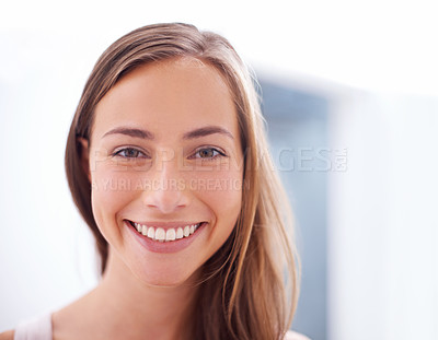 Buy stock photo Skincare, smile and portrait of woman in bathroom with cosmetic, health and wellness face treatment. Beauty, confident and female person with natural facial dermatology routine for glow at apartment.