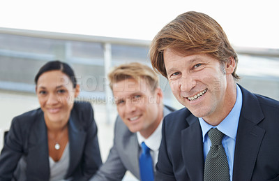 Buy stock photo Portrait, happy and team of business people in office together for leadership, management or teamwork. Face, collaboration and partnership with corporate employee group in professional workplace