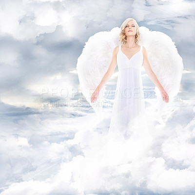Buy stock photo A beautiful angel on clouds