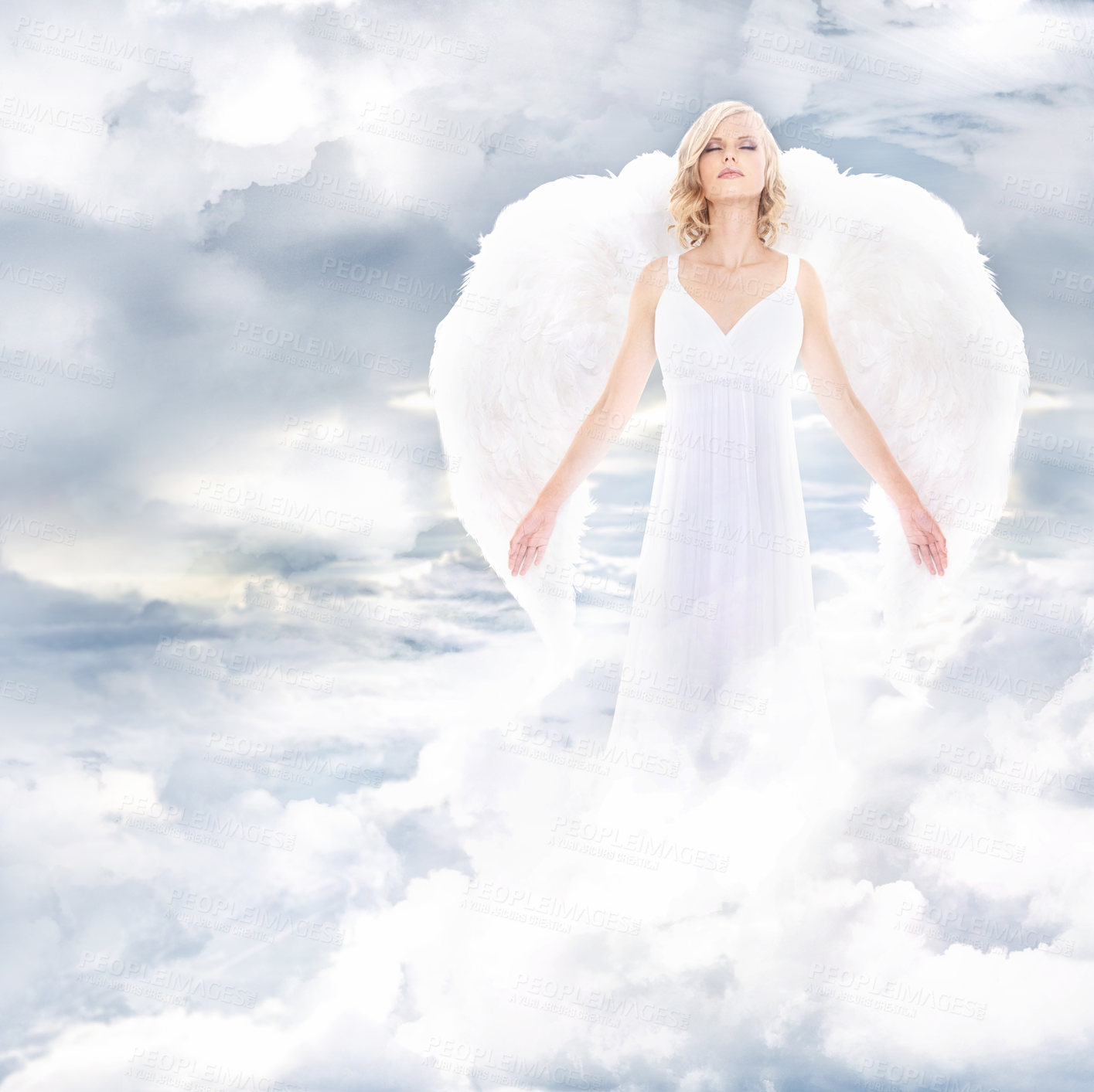 Buy stock photo A beautiful angel on clouds