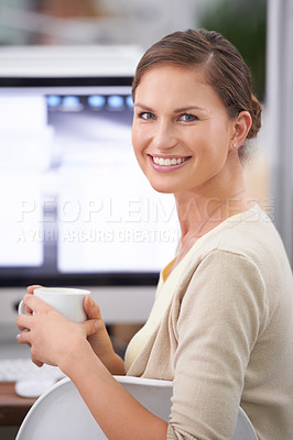 Buy stock photo Happy, portrait and business woman with computer and coffee in the morning with web consultant job. Online, company and female professional with hot drink and confidence ready to start work in office