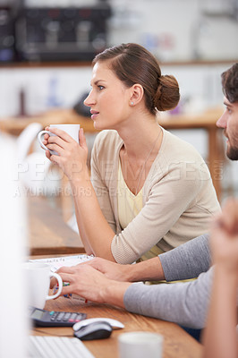 Buy stock photo Creative, coworking space and woman at desk with coffee, conversation and relax with work friends. Computer, office and professional business people at online agency for workshop, ideas and thinking