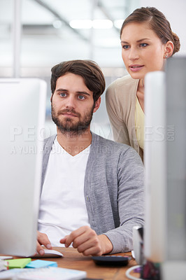 Buy stock photo Business people, computer and communication in planning for proposal, online and internet for research. Employees, website and teamwork on report in office, support and solution for project at work