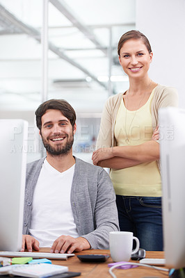 Buy stock photo Business people, computer and teamwork in portrait for proposal, online and internet for research. Employees, website and collaboration on report in office, support and confident for plan on project