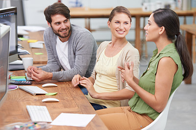 Buy stock photo Collaboration, meeting and team for idea, graphic designer and company career for project planning . Professional male person, women and discussion in office, desk and group listening together
