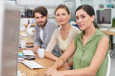 Buy stock photo Professional male person, women and portrait for meeting, and idea in strategy and company as software developers. Team, business and office by desk, tech and group sit together for collaboration 