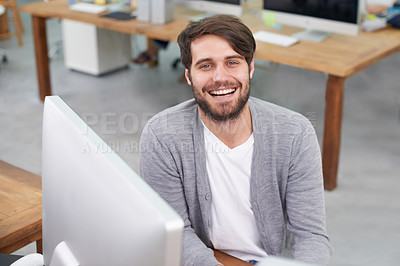 Buy stock photo Man, portrait and journalist on computer for research in office, planning and information for article. Happy male person, online and connection for website, laughing and humor for project or news