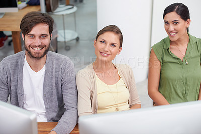 Buy stock photo Business people, computer and teamwork in portrait for plan, online and internet for research. Employees, website and collaboration on report in office, support and confident for proposal or project