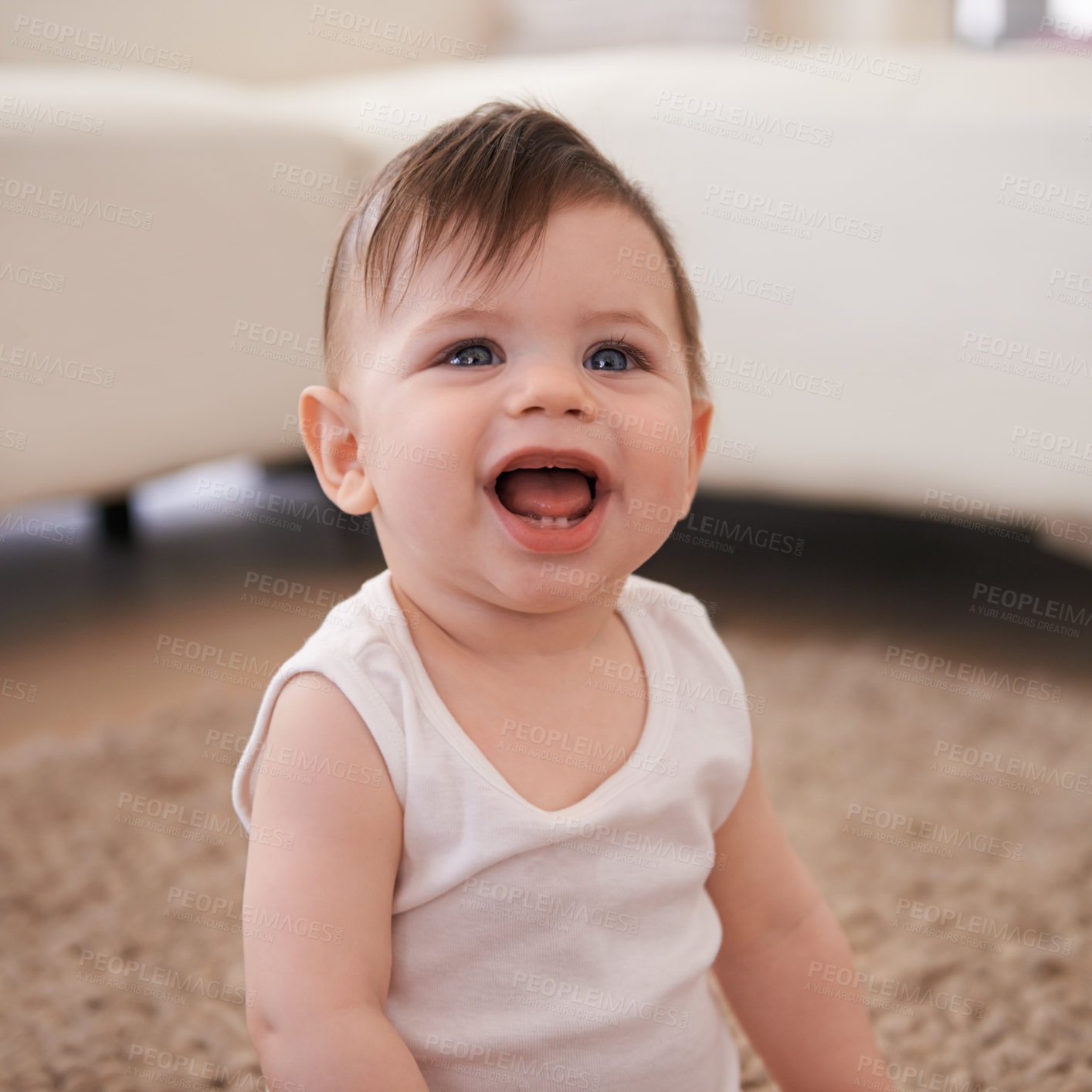 Buy stock photo Smile, happy and baby of floor of living room in home for growth, child development or curiosity. Children, life and youth with infant boy kid sitting on carpet in apartment for innocent wonder