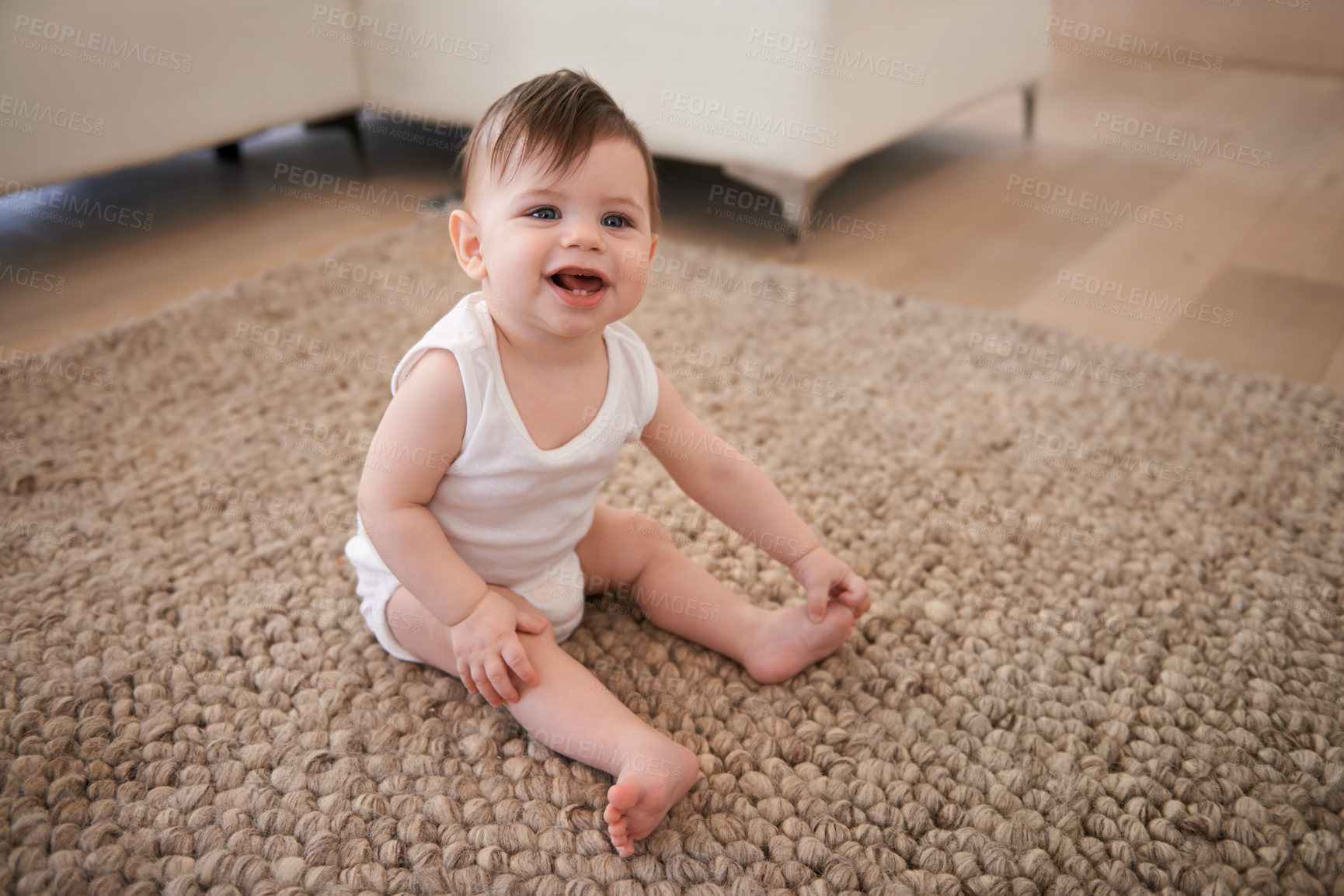 Buy stock photo Happy, sweet and baby on carpet playing for child development in living room at house. Smile, cute and adorable young infant, toddler or kid sitting on floor rug for growth in lounge of modern home.