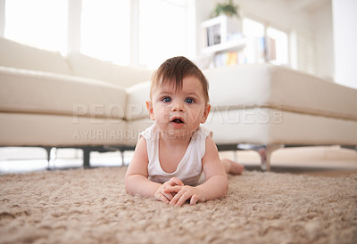 Buy stock photo Portrait, growth and baby crawling on floor of living room in home for child development or progress. Adorable, curious and innocent with cute infant kid on carpet in apartment to learn motor skills