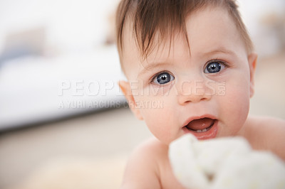 Buy stock photo Happy, baby and portrait for growth and development with face of infant with innocence. Toddler, adorable and cute, smiling and teething for childhood and young at home or in nursery for play