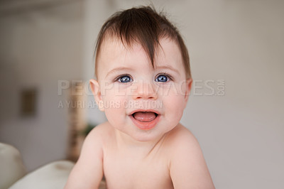 Buy stock photo Happy, cute and portrait of baby in nursery playing for child development in living room at home. Sweet, adorable and young infant, toddler or kid learning sitting in bedroom in modern house.