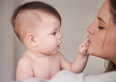 Buy stock photo Loving, mother and baby for learning and development, nursery or childcare with child. Bonding, mom and infant for tenderness, toddler for play with innocence and together for fun in the house