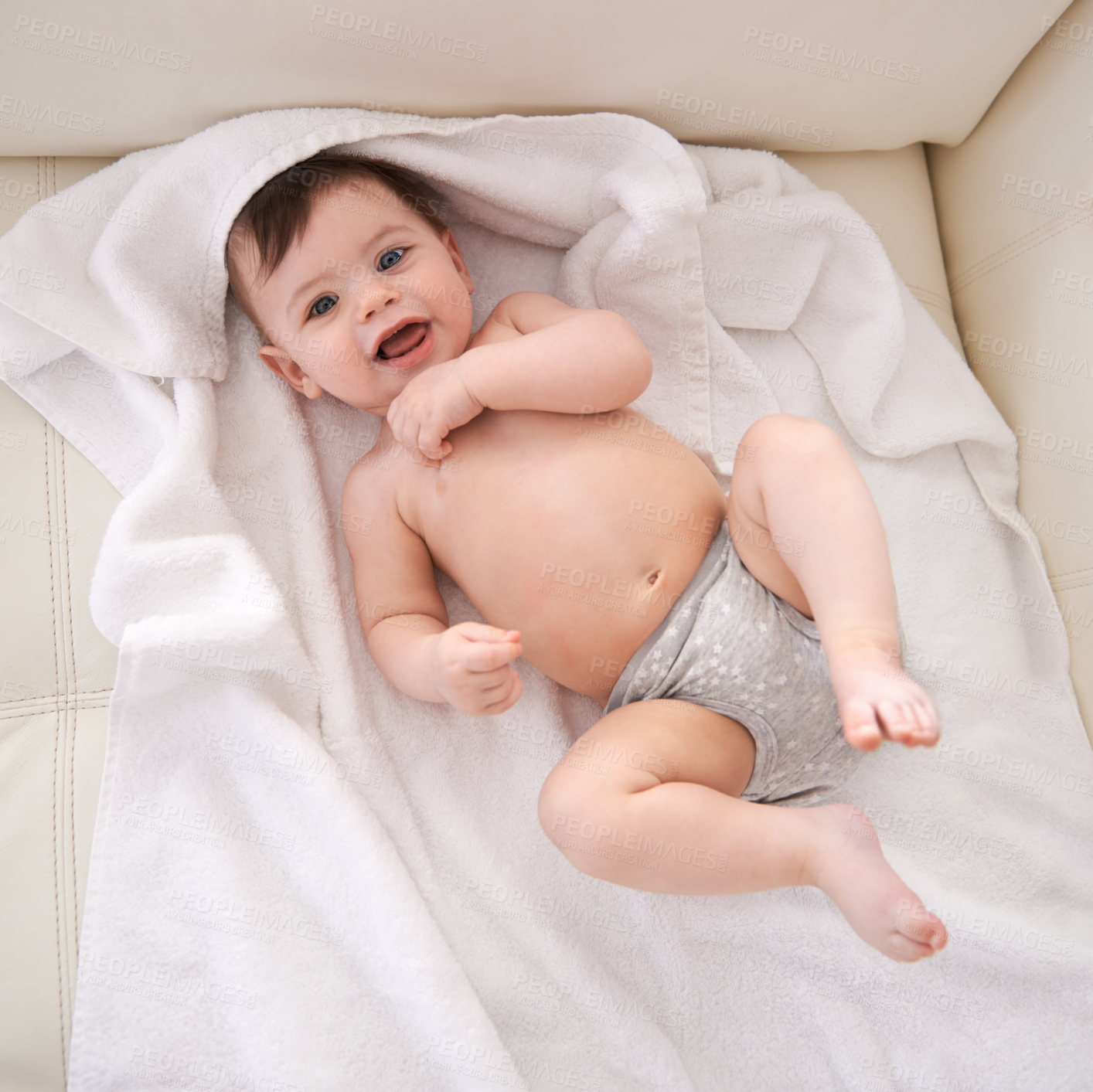 Buy stock photo Portrait, baby and boy with diaper, top view and smile with blanket or relaxing with happiness. Face, infant or child with newborn or laugh with wellness or healthy with nappy or joy with kid or home