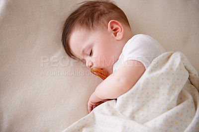 Buy stock photo Baby, sleeping and home with tired, sleepy and nursery with peace in a bed with blanket. Morning, youth and kid with dream of an infant with child development from rest in a bedroom with a newborn