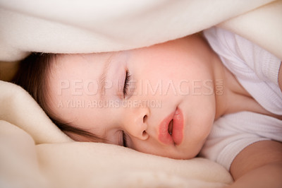 Buy stock photo Baby, sleeping and home with relax, nap and nursery with peace in a bed with blanket. Morning, youth and kid with dream of an infant with child development from rest in a bedroom with a newborn