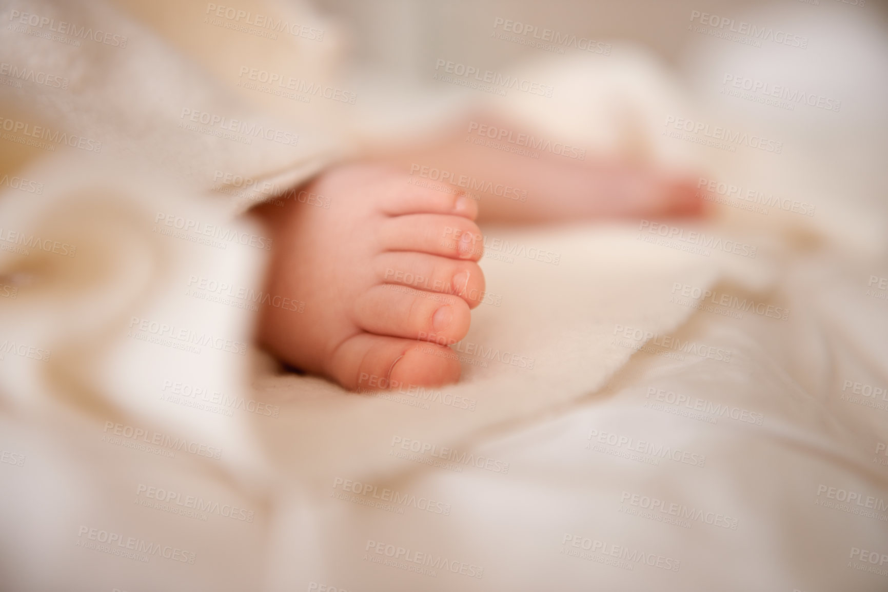 Buy stock photo Baby, feet and toes or blanket as closeup for childhood development or nursery sleeping, relax or resting. Kid, wellness and childcare on bed for wellbeing nap or dreaming nurture, caring or calm