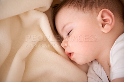 Buy stock photo Baby, sleeping and tired in a home relax with nap in nursery with peace in a bed with blanket. Morning, youth and kid with dream of an infant with child development from rest in bedroom with newborn