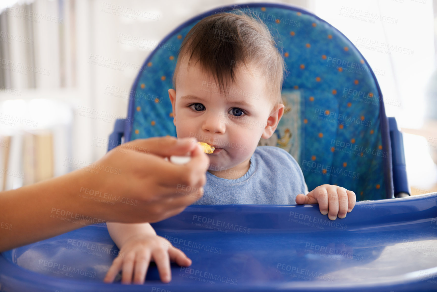 Buy stock photo Baby, hand and spoon for feeding food in chair for morning nutrition in apartment for eating meal, development or lunch. Kid, childcare and fingers for toddler dinner or wellness, hungry or vitamins