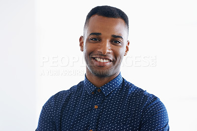 Buy stock photo Businessman, portrait and smile confidence in studio as creative designer for project, small business or entrepreneur. Male person, face and white background in America for career, startup or mockup